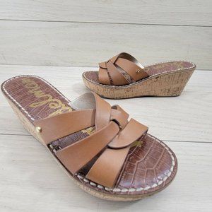 Sam Edelman Raynere Saddle Lea Leather Chunky Cork Wedge Heel Sandals Women's 8